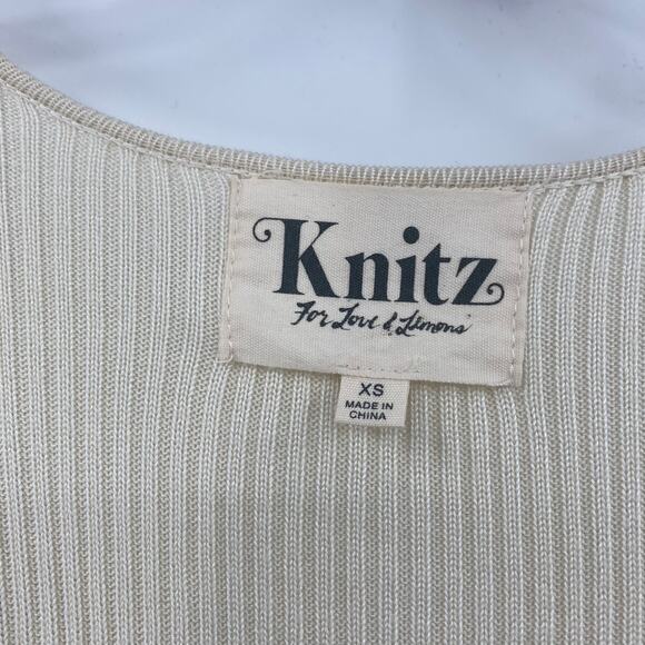 For Love & Lemons Knitz Delancey Mini Sweater Dress Ribbed Tie Neck Cream XS - Picture 10 of 13